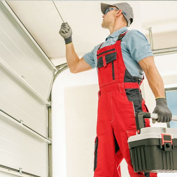 a man in a red shirt is holding a red object. features garage door services garage door repair garage door installation garage door spring repair new garage doors provided by Retrak Door Service.