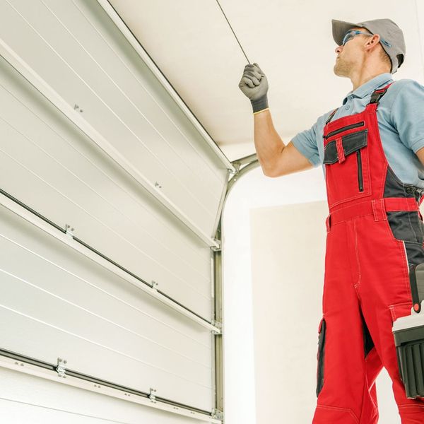 a man in a red jacket is fixing a ladder. features garage door services garage door repair garage door installation garage door spring repair provided by Retrak Door Service.